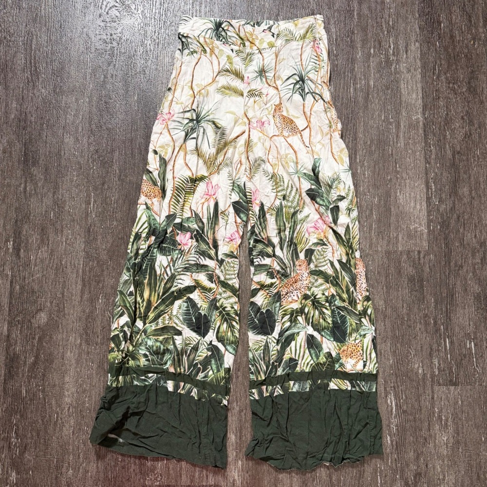 H&M Tropical Leopard Print Wide Leg Pants Green Floral Viscose Size 6